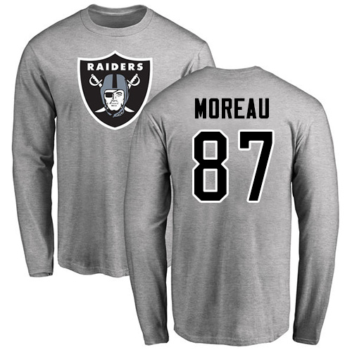 Men Oakland Raiders Ash Foster Moreau Name and Number Logo NFL Football #87 Long Sleeve T Shirt->nfl t-shirts->Sports Accessory